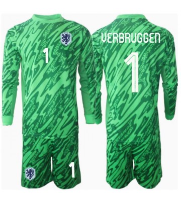Netherlands Bart Verbruggen #1 Goalkeeper Replica Home Stadium Kit for Kids Euro 2024 Long Sleeve (+ pants)